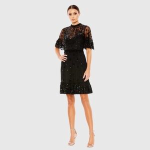 MAC DUGGAL Black Embellished Illusion High Neck Mini Dress